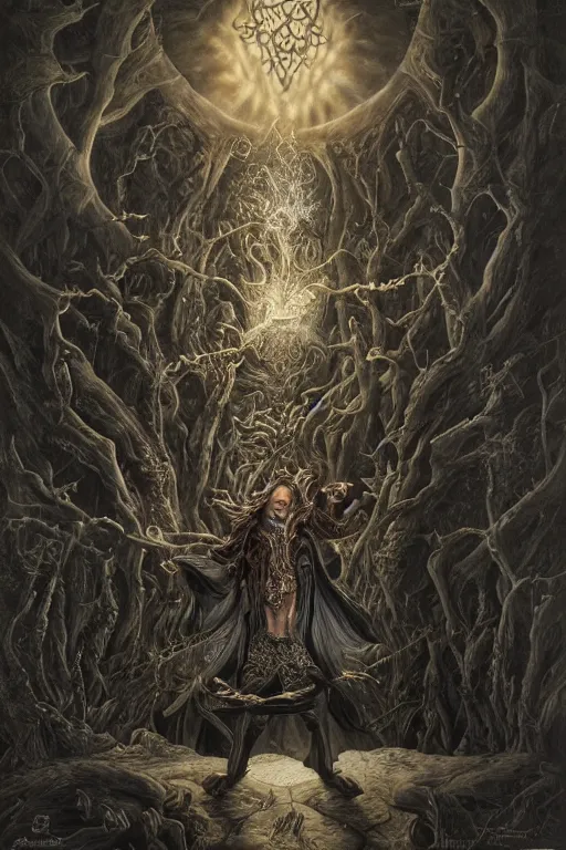 Image similar to highly detailed portrait of a dark mage casting a spell by alex grey, patrick woodroffe, mark ryden created by gustave dore and greg rutkowski, high detailed, smooth draw, synthwave neon retro, intricate, realistic proportions, dramatic lighting, trending on artstation