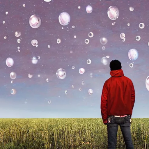 Image similar to a man in a field looking at multiverse bubbles in the sky