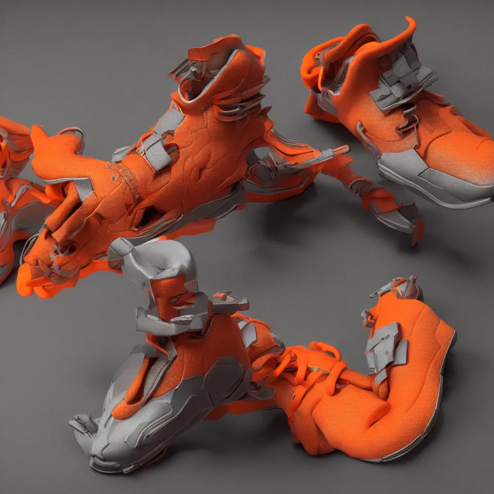 Prompt: realistic 8 k sculpture of 1 cyberpunk sneaker with neon illuminated rubber soles and soft orange shoelaces on a textured grey surface, clean 3 d render, beautiful studio lighting, soft, sharp focus, cyberpunk, intricate detail, gold and red accents, soft rubber, octane render, trending on artstation, deviantart, art by syd mead