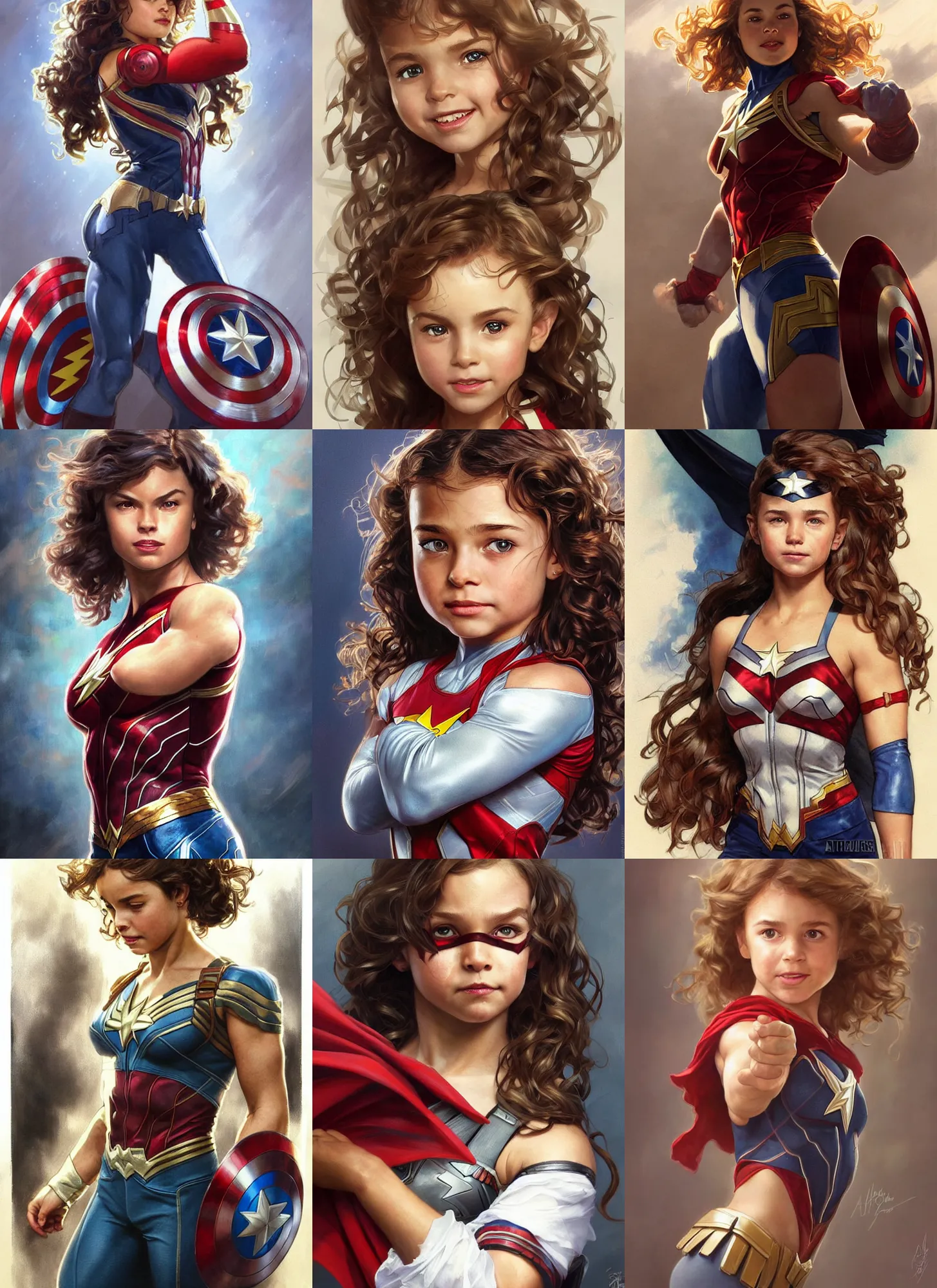 Prompt: a little muscled girl with a mischievous face and light brown curly wavy hair. she is dressed as captain america, batman, the flash, captain marvel, wonder woman, a superhero. clean elegant painting, beautiful detailed face. by artgerm and greg rutkowski and alphonse mucha