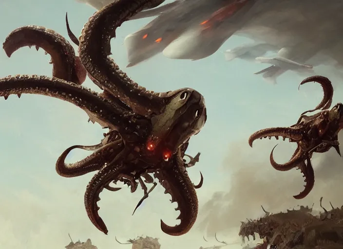 Prompt: close up cinematic artwork of monster squids flying staring on the battlefield by Greg Rutkowski, 4k, masterpiece