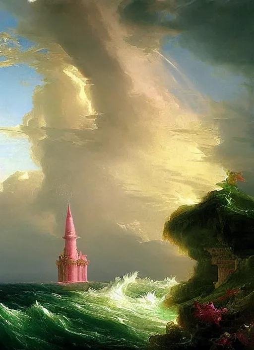 Image similar to a delicate ornate white fantasy tower with pink and green decoration splashes upwards from a turbulent ocean, dramatic lighting, rich colors, beautiful painting by Thomas Cole