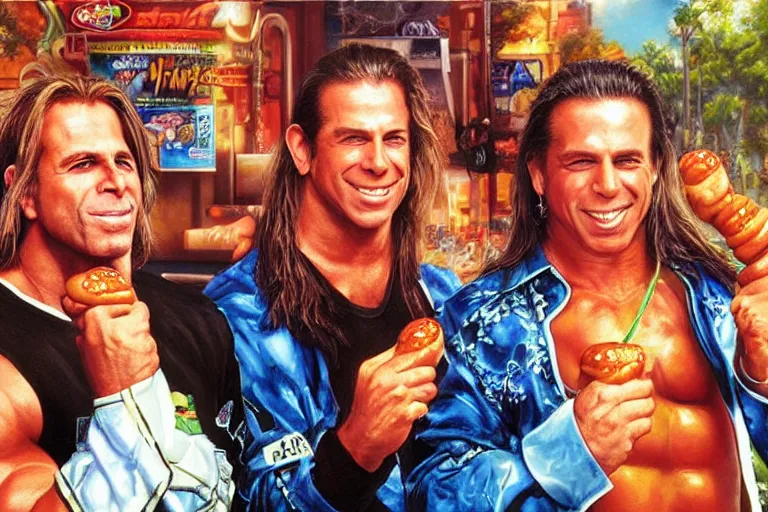 Prompt: portrait of wwf shawn michaels and wwf bret hart sharing hotdogs, an oil painting by ross tran and thomas kincade
