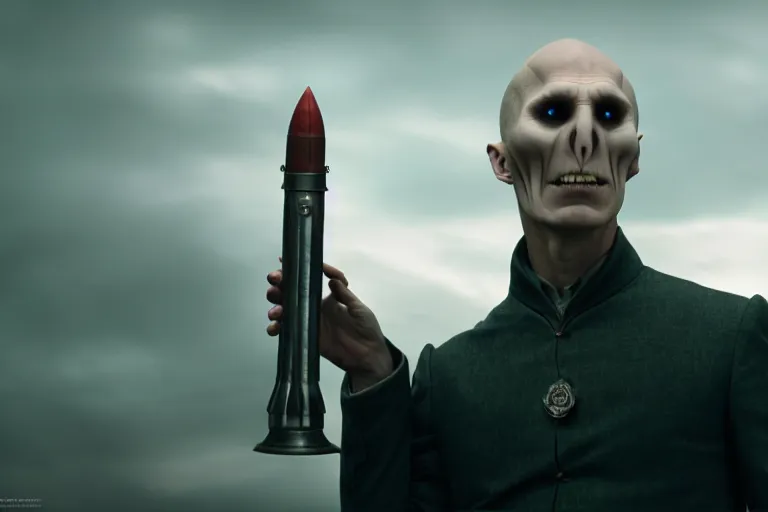 Image similar to volan de mort with a rocket launcher, harry potter movie screenshot, symmetry, cinematic, elegant, luxury, perfect light, perfect composition, dlsr photography, sharp focus, 8 k, ultra hd, sense of awe, highly detailed, realistic, intricate