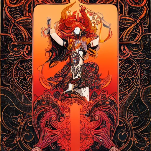 Image similar to jisoo + blackpink + elements + red + gold + neon + baroque + rococo + white + orange + ink + tarot card, ornate + by marc simonetti, paul pope, peter mohrbacher, detailed, intricate ink illustration + damask + award winning + 8 k