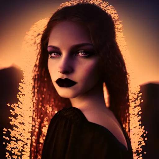 Image similar to photographic portrait of a stunningly beautiful gothic female in soft dreamy light at sunset, god rays, contemporary fashion shoot, by edward robert hughes, annie leibovitz and steve mccurry, david lazar, jimmy nelsson, breathtaking, 8 k resolution, extremely detailed, beautiful, establishing shot, artistic, hyperrealistic, beautiful face, octane render