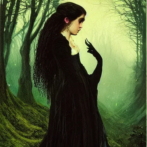 Image similar to A beautiful victorian woman, night, gothic dress, flowing hair, oil painting, portrait, magical forest, , glow, dramatic lighting, dramatic light, masterpiece, high detail, long shadow, amazing composition, detailed, painted by Caspar David Friedrich