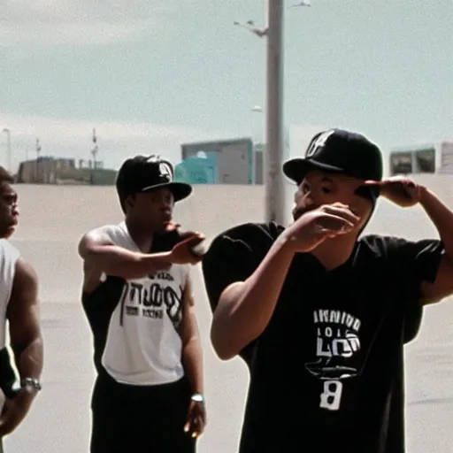 Prompt: Film still of Los Angeles Thunder Squad (1990). Hip-hop ninja confrontation scene. Sigma 85mm f/1.4