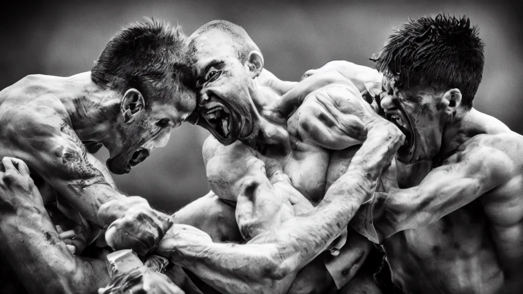 Image similar to a crazy fight, 4 k, award winning, black and white