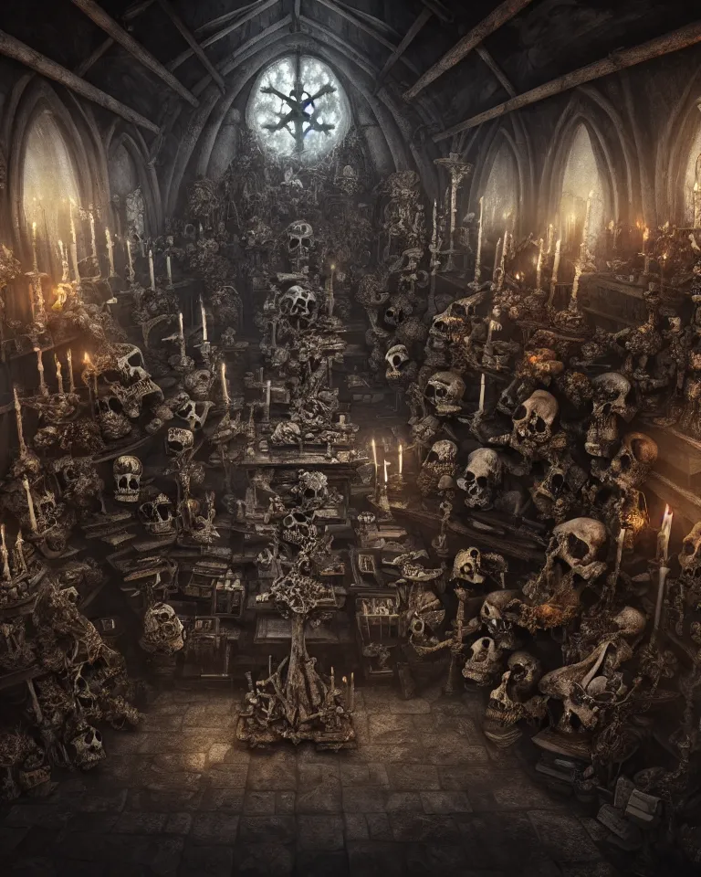 Image similar to full color, low ultrawide interior shot of sedlec ossuary, bones, anime style mixed with fujifilm, dark, foggy, atmospheric, artstation, cgsociety, octane render, cgi, denoise, detailed, cinematic masterpiece