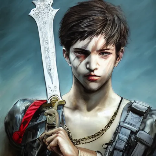 Image similar to portrait of a young white hero using his right arm to hold his sword covering his eye by yoji shinkawa, high quality, extra details, realism, ornate, colored, golden chain, blood, white skin, short hair, brown eyes, vivid, sunlight, red headband, black eyepatch, white american soldier, painting, cybernetics, military