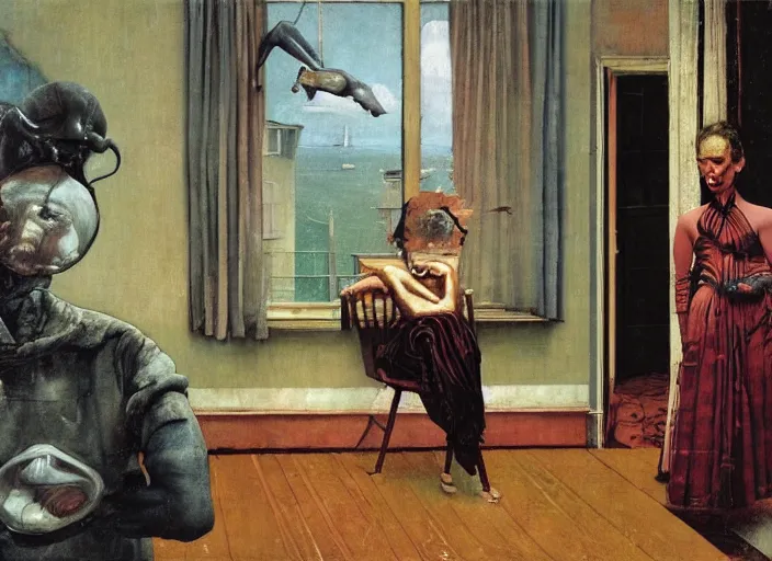 Prompt: a still from home alone by giorgio de chirico, surreal, norman rockwell and james jean, francis bacon, triadic color scheme, by greg rutkowski, in the style of francis bacon and edward hopper and beksinski, dark surrealism, grand theft auto video game, a still from the film alien
