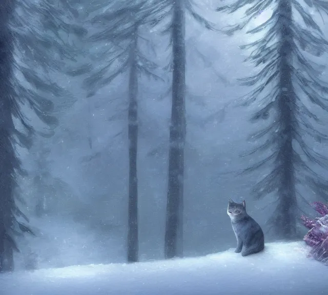 Image similar to A Russian blue cat sitting on a cabin porch overlooking a snowy forest, cold lighting, snowy, atmospheric lighting. By Makoto Shinkai, Stanley Artgerm Lau, WLOP, Rossdraws, James Jean, Andrei Riabovitchev, Marc Simonetti, krenz cushart, Sakimichan, trending on ArtStation, digital art.