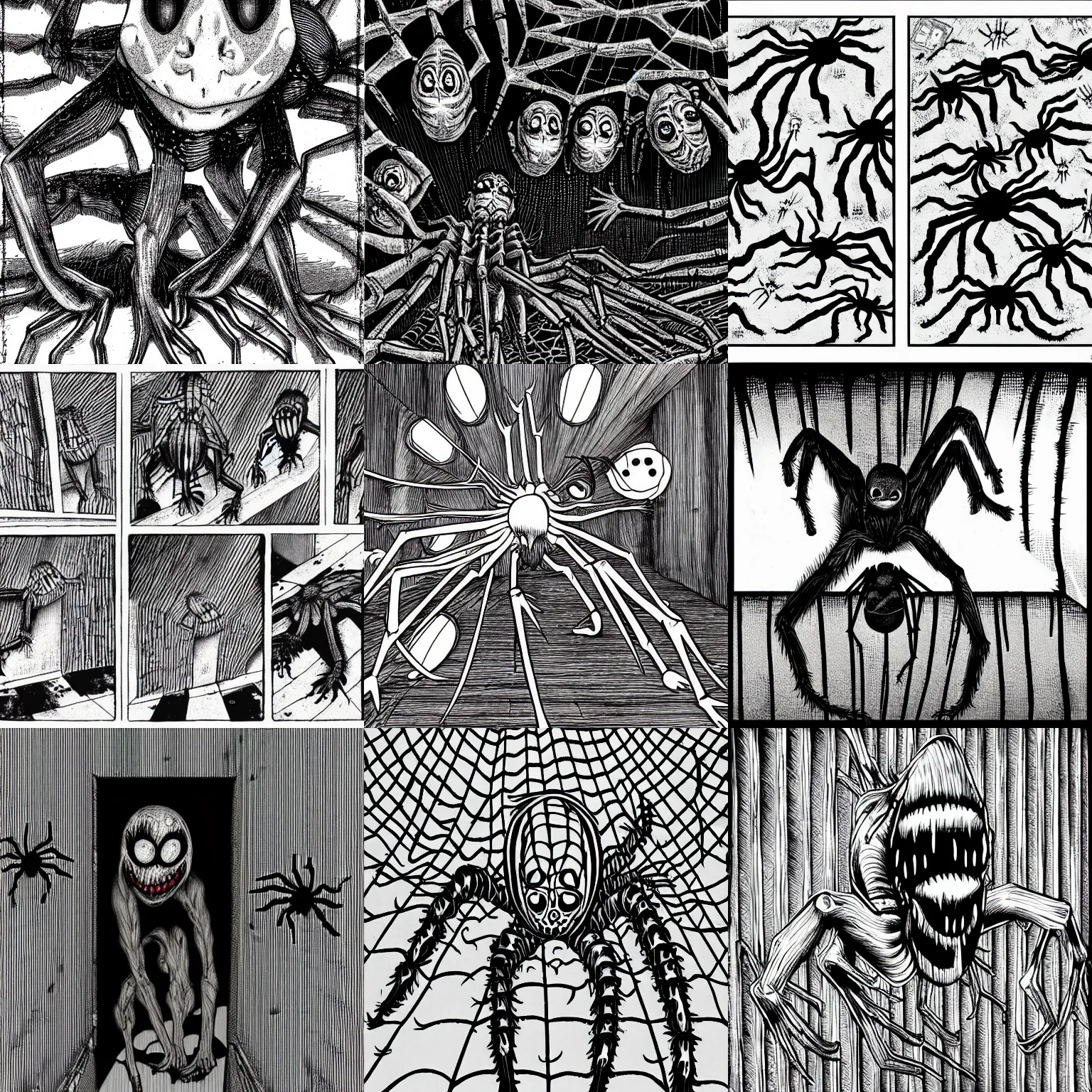 Prompt: spiders crawl out of the wall in the style of junji ito, horror, manga
