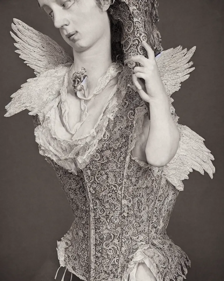 Prompt: a renaissance styled baroque photograph of an anatomically correct woman angel wearing an intricate lace corset by aj hamilton