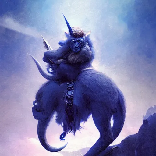 Prompt: blue monkey riding a unicorn on the moon, intricate, sharp focus, illustration, highly detailed, digital painting, concept art, matte, art by ruan jia and wlop and greg rutkowski, masterpiece