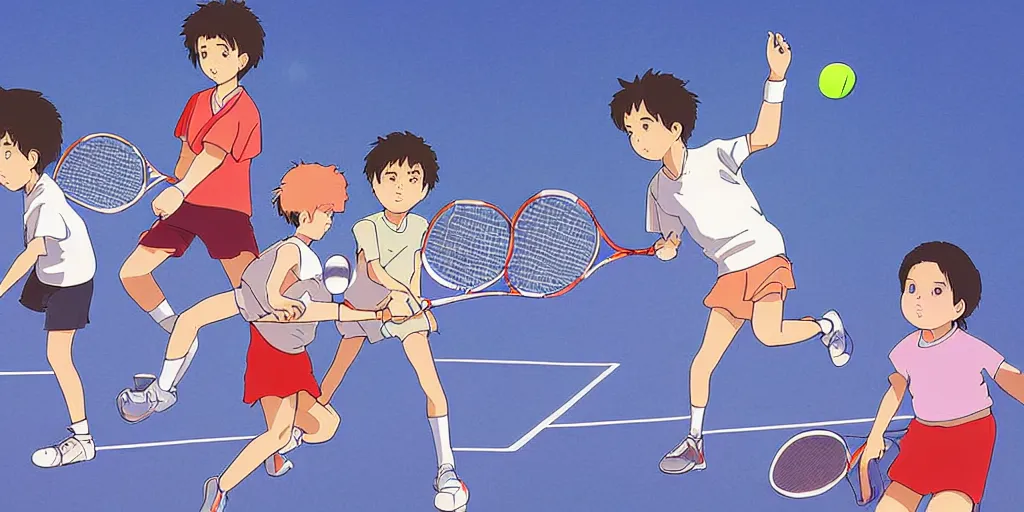 Prompt: digital art of anatomically correct kids playing tennis by studio ghibli
