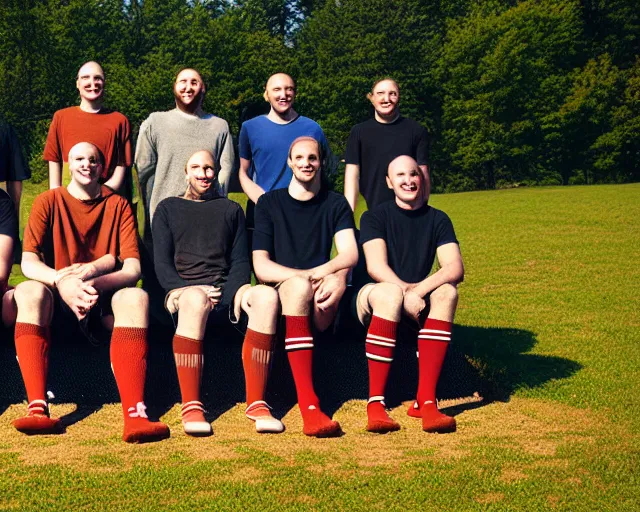 Image similar to rust development team, the team wears high socks, realistic photo