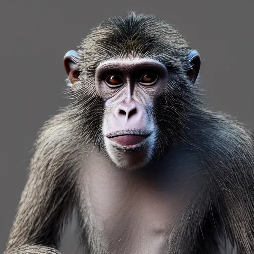 Image similar to Photography of ultra mega super hyper realistic detailed monkey by Hiromasa Ogura wearing cyberpunk style suit . Photo made from 30 meters distance on Leica Q2 Camera, Rendered in VRAY and DaVinci Resolve and MAXWELL and LUMION 3D, Volumetric natural light. Wearing cyberpunk suit with many details by Hiromasa Ogura .Rendered in VRAY and DaVinci Resolve and MAXWELL and LUMION 3D, Volumetric natural light