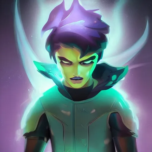 Image similar to A digital matte intricate illustration concept art of young Danny phantom with glowing green eyes and sharp teeth alt art fashion inspired art by Charlie Bowater and Artgerm and Mark Arian and Ross Tran + neon colors, wakfu colors + symmetry + greco-roman art, intricate complexity, epic composition, magical atmosphere, highly detailed, cinematic lighting + masterpiece, trending on artstation + 8k