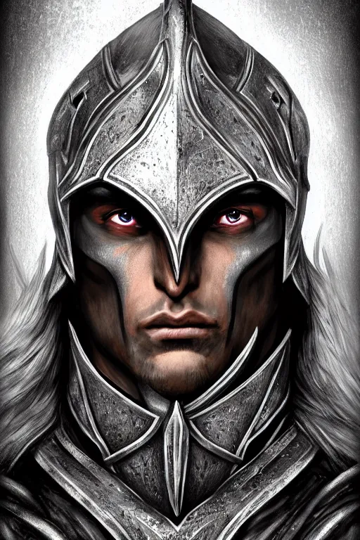 Prompt: head and shoulders portrait of an eldrich knight, drow, dark elf, shadar kai, breastplate, magical, male, high fantasy, d & d, by miro petrov, face details, extremely detailed, digital illustration