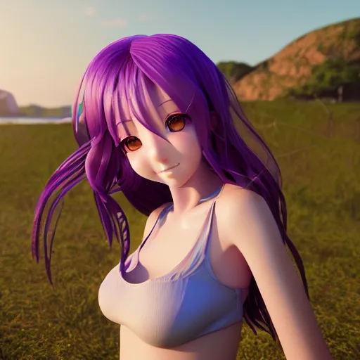 Image similar to Render of a very beautiful 3d anime girl, long purple hair, beautiful eyes, cute freckles, full round face, short smile, cute sundress, golden hour, serene beach setting, medium shot, mid-shot, highly detailed, trending on Artstation, Unreal Engine 4k