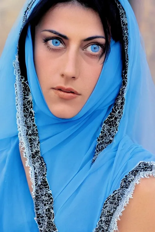 Prompt: young Monica Belluci as an Arab woman, tanned skintone, bright blue eyes, white veil, serious face, light blue decent dress, closeup