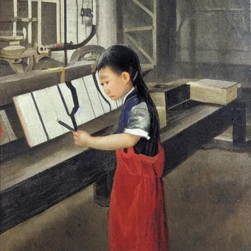 Image similar to chinese child working in a factory, painting, gothic