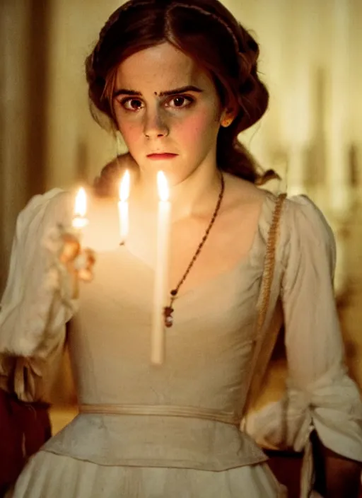 Image similar to Emma Watson as Hermione Granger in Kubrick's Barry Lyndon, natural candle lighting, movie still