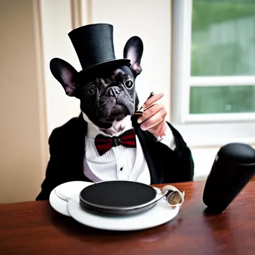 Prompt: a portrait picture of a black french bulldog wearing a dinner jacket wearing a top hat and reading glasses, smoking a pipe sitting at a table at a french cafe photograph nikon d 7 0 0 s symmetric