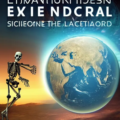 Image similar to A human skeleton in a museum with a holographic planet Earth next to it, science fiction, book cover