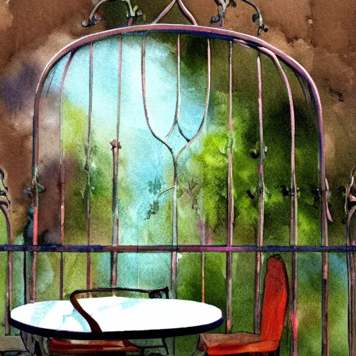 Prompt: delicate smoke, chairs, garden, paved, botanic watercolors, iridescent, 8 k, realistic shaded, fine details, artstation, italian, iron gate, tree, mediterranean, marvelous