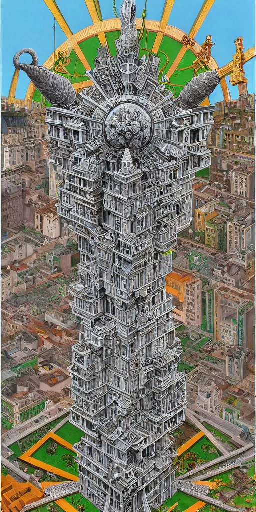 Image similar to colossal MC Escher flower in the middle of post soviet constructivist cityscape, Stalinist architecture, ultradetailed, Intricate by Hayao Miyazaki and Josan Gonzalez and Giuseppe Arcimboldo and Wes Anderson and H.R. Giger