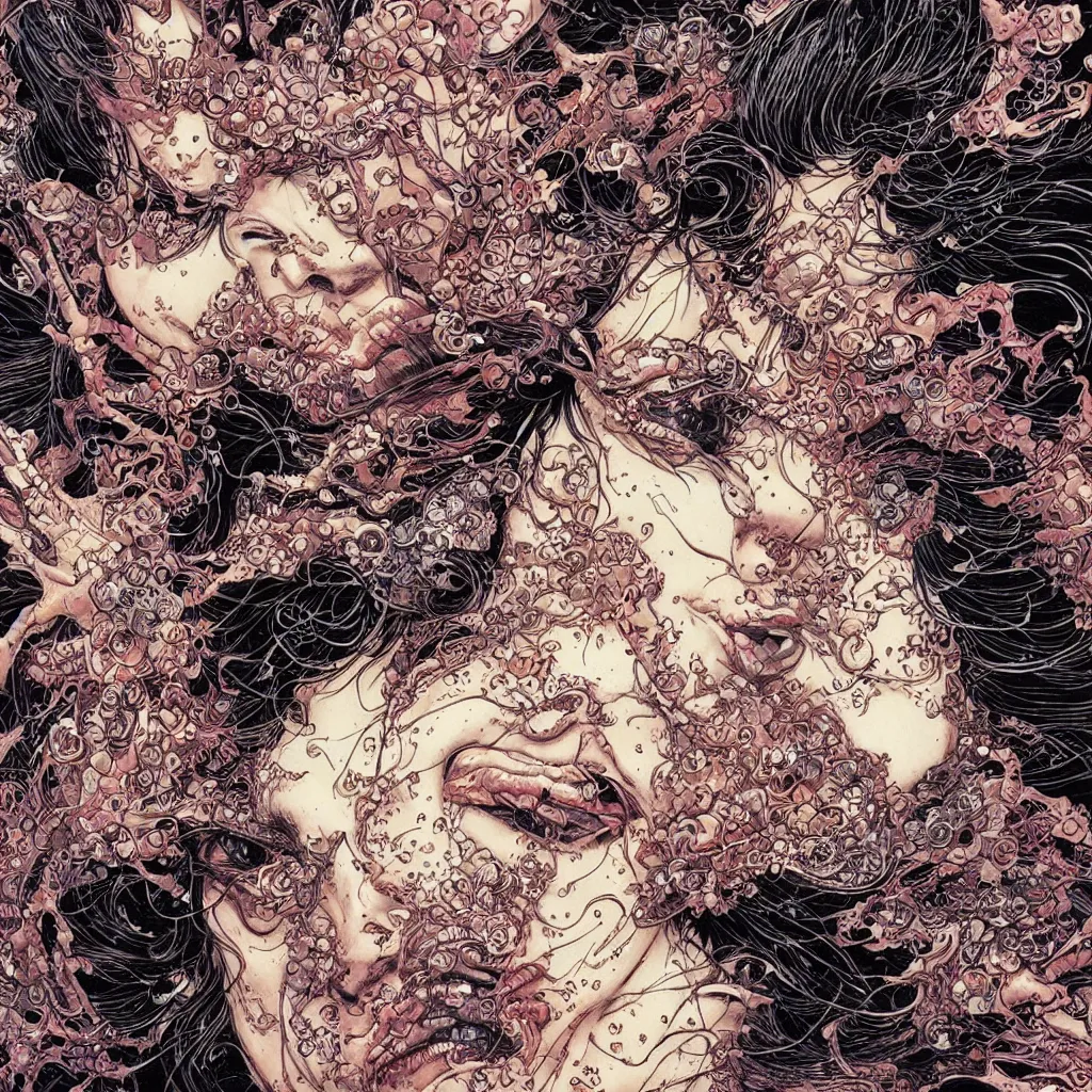 Image similar to closeup of face melting, by yoichi hatakenaka, masamune shirow, josan gonzales and dan mumford, ayami kojima, takato yamamoto