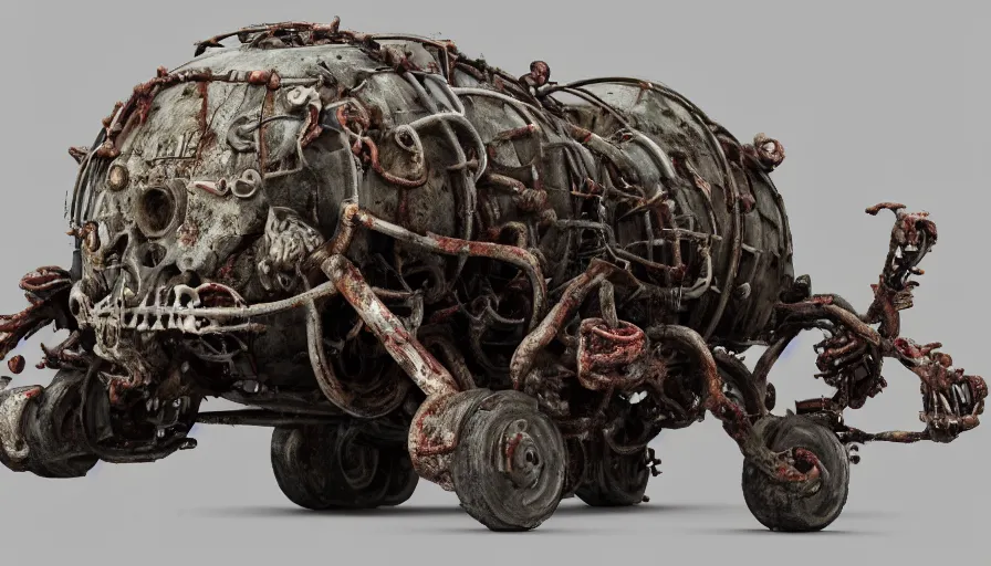 Image similar to Techno-biological rusty panzer T1E1 consisting of tumors, meat, veins, bones, guts, kidneys, wires. Biopunk, body-horror, high detail, photorealism, full length view, very rust, concept art, octane render, 16k, 8k