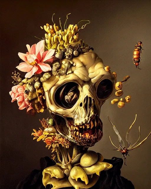 Image similar to refined gorgeous blended oil painting with black background by christian rex van minnen rachel ruysch dali todd schorr of a chiaroscuro portrait of an extremely bizarre disturbing mutated man made of still life flowers and rubber insects with shiny skin acne dutch golden age vanitas intense chiaroscuro cast shadows obscuring features dramatic lighting perfect symmetry perfect composition masterpiece