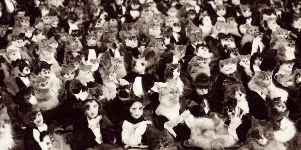 Prompt: a classic photo of an audience of very posh and well dressed cats, watching a movie about the cat revolution