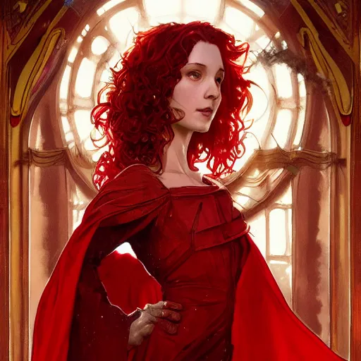 Prompt: portrait of a female sorcerer with curly red hair wearing a red dress and a red cloak throwing a fireball, fantasy, intricate, elegant, highly detailed, digital painting, artstation, concept art, character art, smooth, sharp focus, illustration, art by greg rutkowski and alphonse mucha