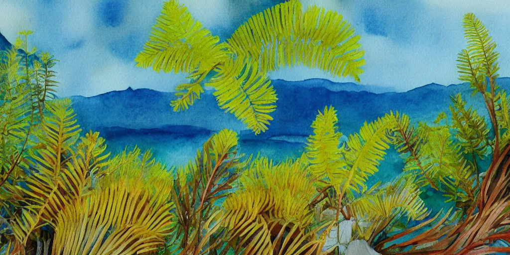 Image similar to golden bay new zealand, abel tasman, native NZ bush ferns, colorful watercolor painting, trending on artstation