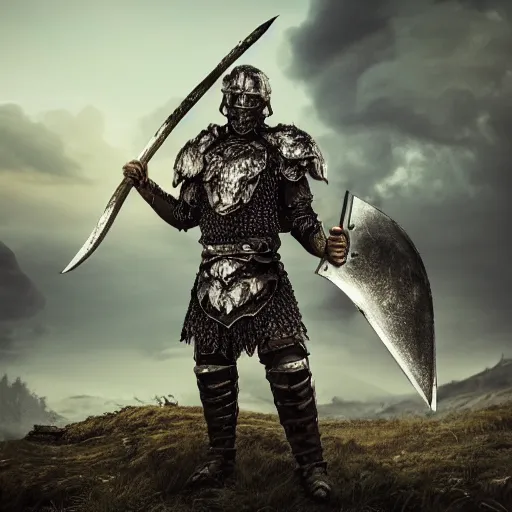 Image similar to full-body-portrait photo brutal nordic Warrior, wearing intricate steel armor, holding magical fiery battle-axe, sharp focus, highland landscape with few trees background, magical aura, heroic pose, fantasy style, octane render, volumetric lighting, 8k high definition, highly detailed, trending on ArtStation, centered