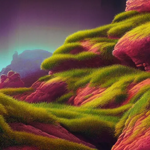 Prompt: digital painting of a lush natural scene on an alien planet by moebius. ultra sharp high quality digital render. detailed. beautiful landscape. colourful weird vegetation. cliffs and water.