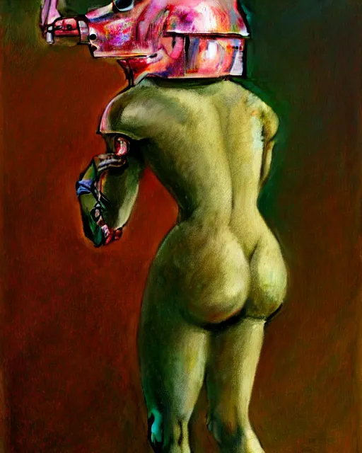 Prompt: hyperrealistic hyperdetailed medieval mechanical iridescent pink humanoid performing concept art santiago caruso de chirico sharp very dramatic green light 8k low angle shallow depth of field