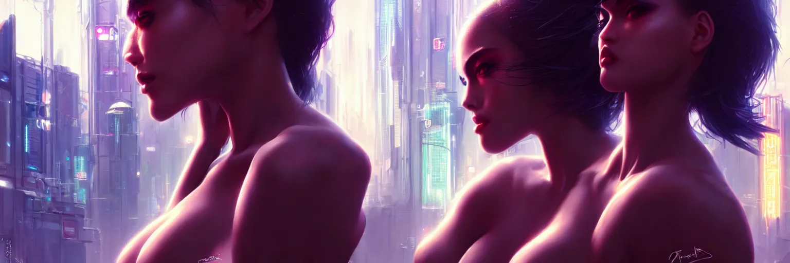 Image similar to portrait of a sensual female humanoid in a cyberpunk cityscape, half body cropping, elegant glamor pose, perfect anatomy, bokeh, hyper photorealistic, crispy quality, digital photography, art by pascal blanche, art by artgerm, art by greg rutkowski,