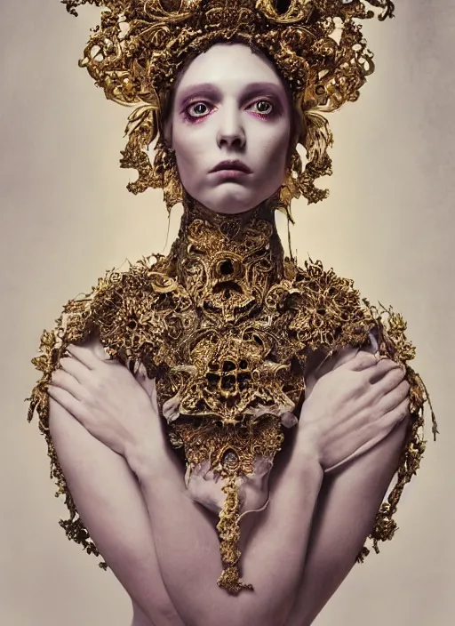 Image similar to a portrait of elizabeth cuthbert by stefan geselle and nekro borja, photorealistic, intricate details, hyper realistic, fantasy, elegant, baroque gold headpiece, photorealistic, canon r 3, photography, wide shot, symmetrical features, symmetrical pose, wide angle shot, head to toe, standing pose, feet on the ground, wearable art