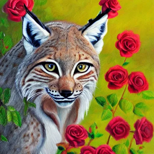 Prompt: an oil painting of a lynx waring a crown of roses, high quality art,