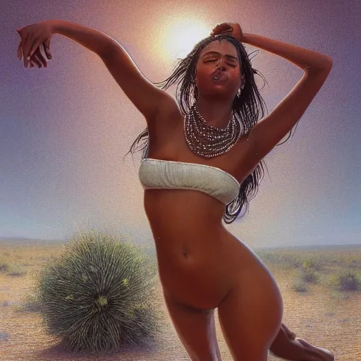 Image similar to artstation concept of a beautiful girl dancing in the desert, brown skin, sweaty skin, symmetrical face, casual white garment, white desert background, shiny colorful, hyperdetailed, artstation trending, world renowned artists, worth1000.com, historic artworks society, antique renewal, cgsociety, by greg rutkowski, by Gustave Doré, Deviantart
