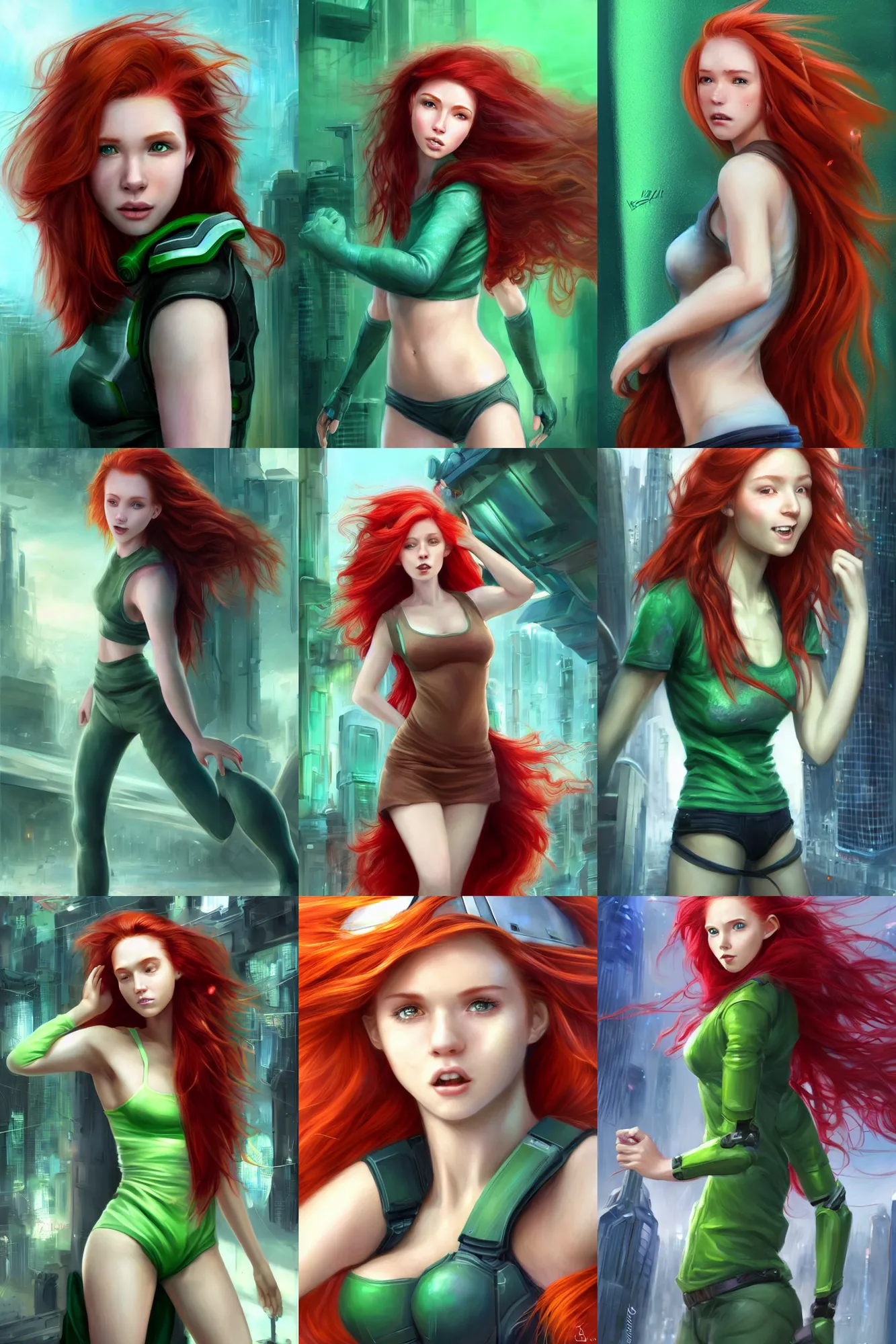 Prompt: beautiful cute athletic red haired joyful and playful nineteen year old maiden in a futuristic city, casual green clothing, long hair, attractive face and body, rpg character, sci - fi, fantasy, intricate, elegant, digital painting, artstation, concept art, 8 k frostbite 3 engine, ultra detailed, hyperrealism, art by artgerm, magali villeneuve