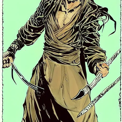 Prompt: pen and ink!!!! attractive 22 year old deus ex Frank Zappa x Ryan Gosling golden!!!! Vagabond!!!! floating magic swordsman!!!! glides through a beautiful!!!!!!! battlefield magic the gathering dramatic esoteric!!!!!! pen and ink!!!!! illustrated in high detail!!!!!!!! by Hiroya Oku!!!!!!!!! Written by Joseph Campbell graphic novel published on Cartoon Network MTG!!! 2049 award winning!!!! closeup facial portrait!!!!! action exposition villain!! reveal manga panel