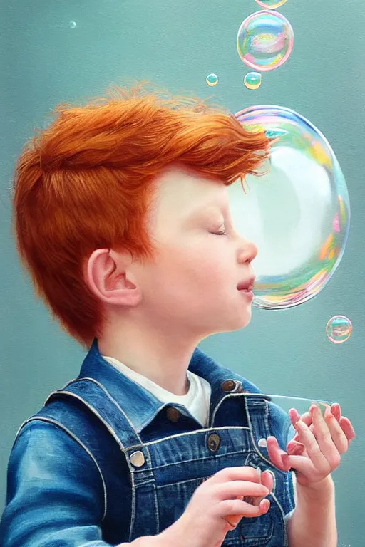 Prompt: a little boy with very short ginger hair wearing denim overalls chasing bubbles. clean elegant painting, beautiful detailed face, lots of bubbles. by artgerm and greg rutkowski
