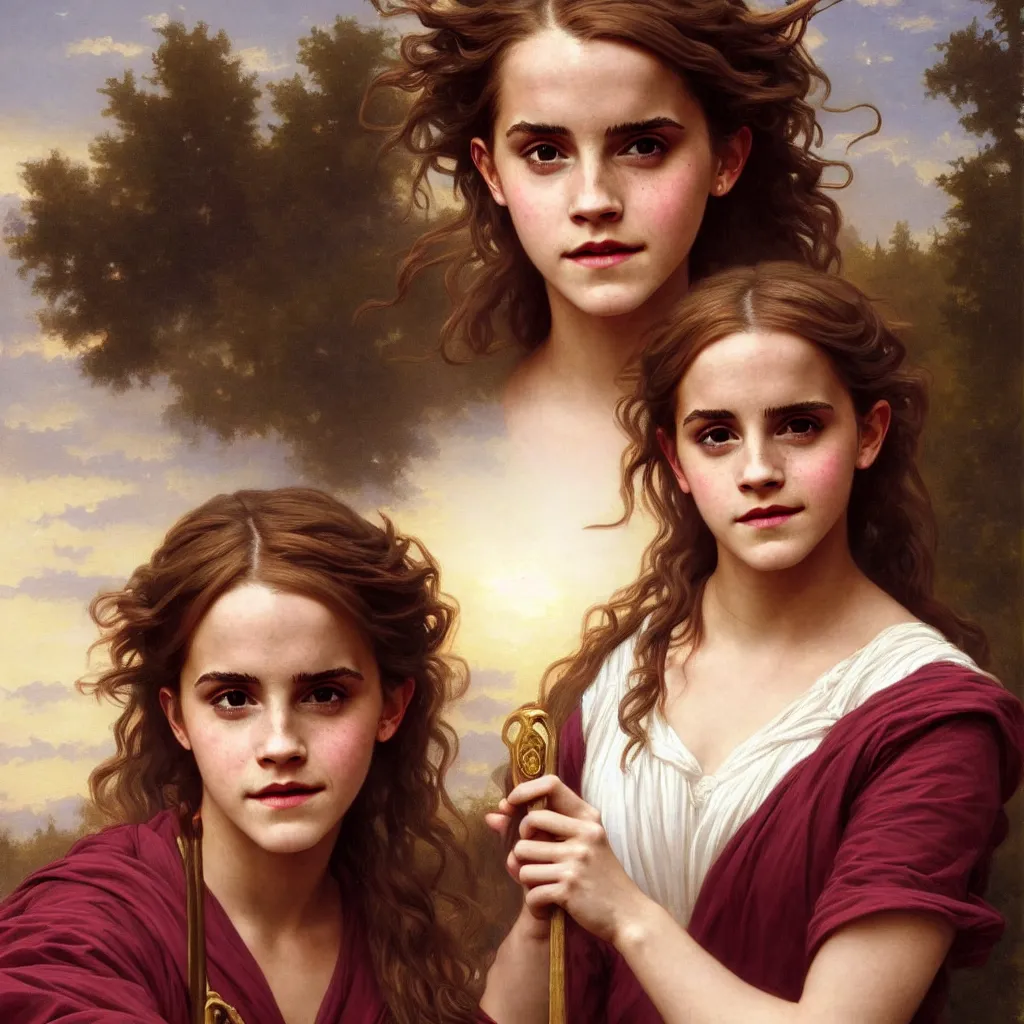 Image similar to Painting of Emma Watson as Hermione Granger. Wearing Hogwarts!!! robes!!!. Smiling. Happy. Cheerful. Art by william adolphe bouguereau. During golden hour. Extremely detailed. Beautiful. 4K. Award winning.